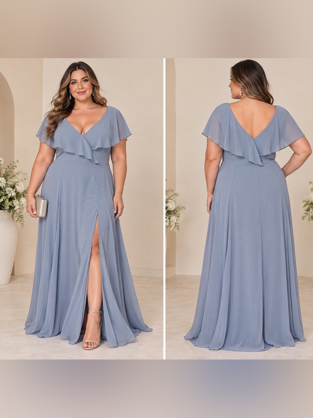 Avery Dusty Blue Ruffle V-Neck Maxi Gown